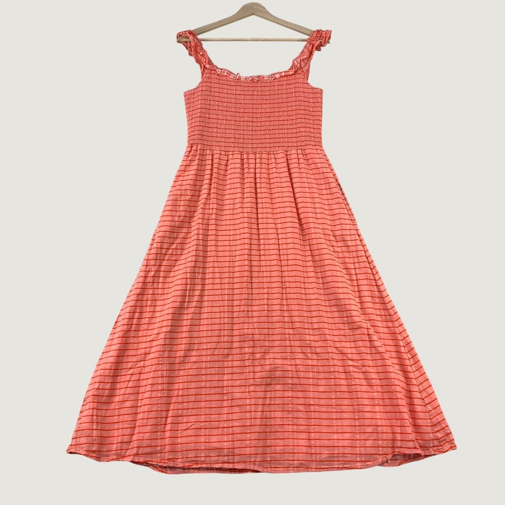 Carve Designs Midi Dress Womens M Pink Stiped Smocked Cotton Beachy